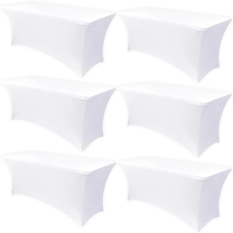 Obstal 6 Pack Stretch Spandex Table Covers for 8 Foot Tables - 8 FT Universal Rectangular Fitted Tablecloth Protector for Wedding, Banquet, Party (White, 96 Length x 30 Width x 30 Height Inches)