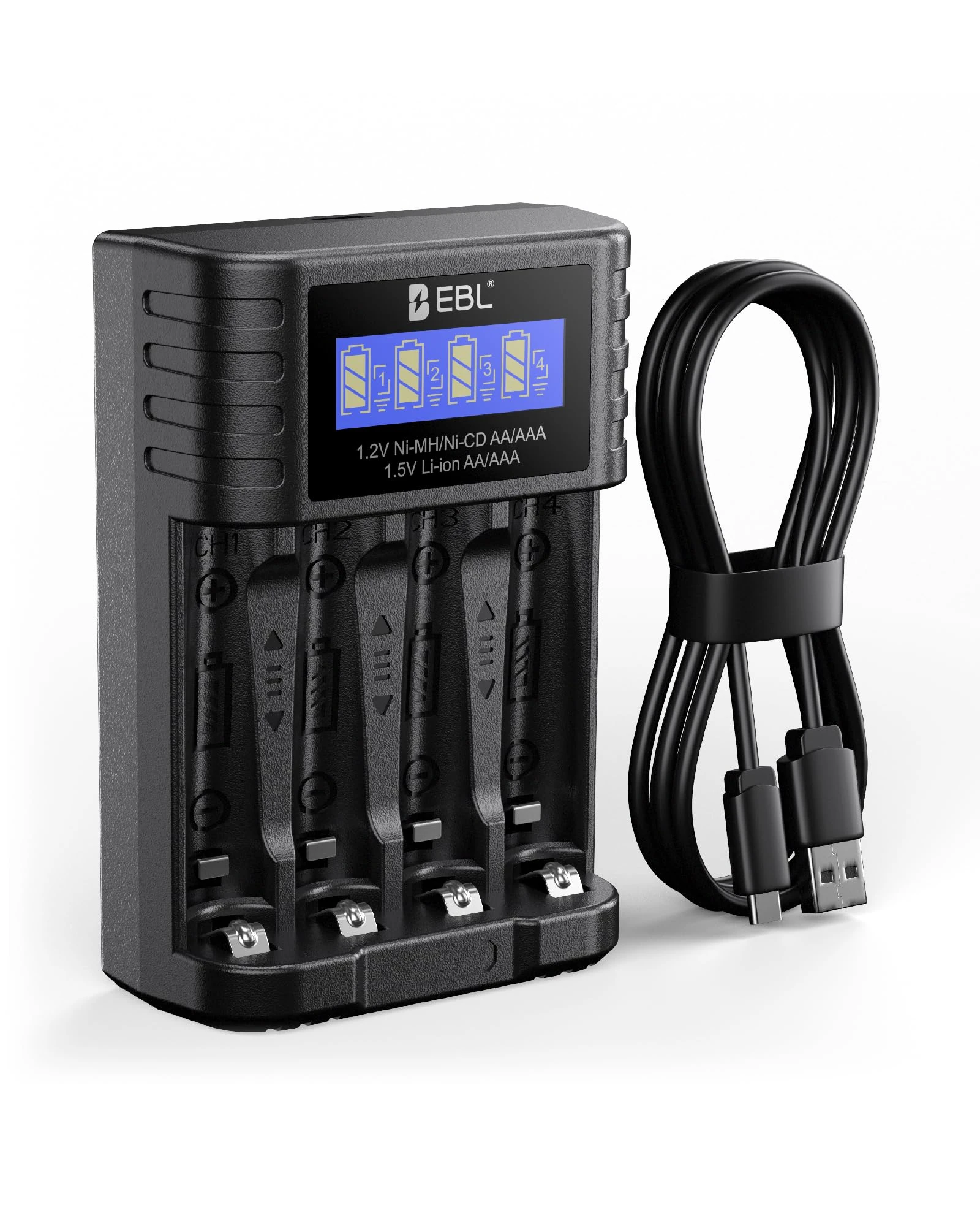 EBL LCD AAA AA battery charger for AA and AAA rechargeable batteries & 1.5V AAA AA Rechargeable Lithium Batteries, USB Fast Charging, Prolonged Power, Universal Battery Charger for Lithium Ni-MH Ni-Cd