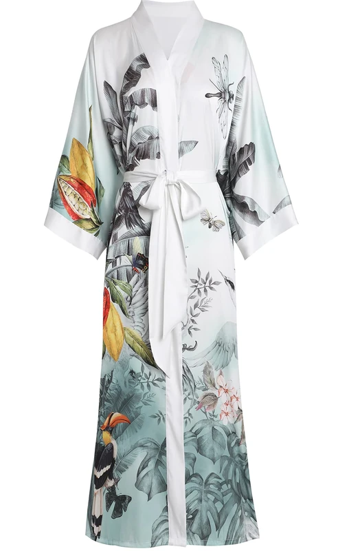 Aensso Long Soft Lightweight Silky Kimonos Robes for Women, Luxury Japanese Floral Womens Kimono Robe, Rainforest, One Size