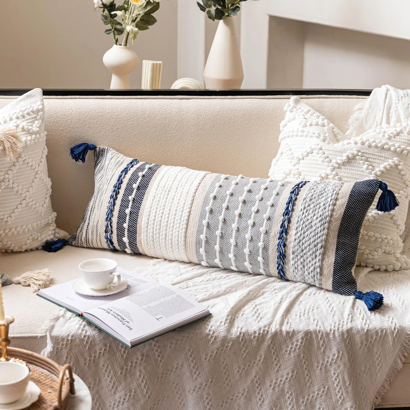 BlissBlush Navy Dark Blue Boho Decorative Lumbar Pillow Cover 14x36, Long Body Pillow for Bed, Accent Lumbar Throw Pillow for Couch, Modern Farmhouse Textured Pillowcase