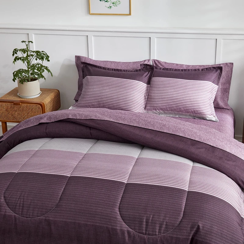 Flysheep Ombre Striped Bed in a Bag 7 Pieces Queen Size, Purple and Grey Stripes Comforter Sheet Set (1 Comforter, 1 Flat Sheet, 1 Fitted Sheet, 2 Pillow Shams, 2 Pillowcases)
