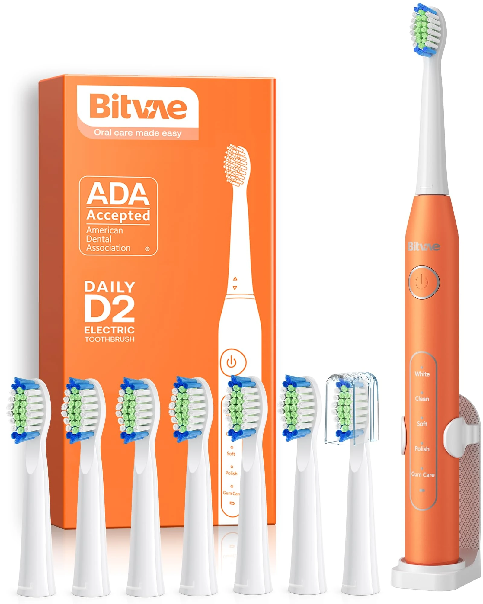 Bitvae Ultrasonic Electric Toothbrush for Adults and Kids, Electric Toothbrush with Rechargeable Power, 8 Toothbrush Heads and 5 Modes, Orange D2