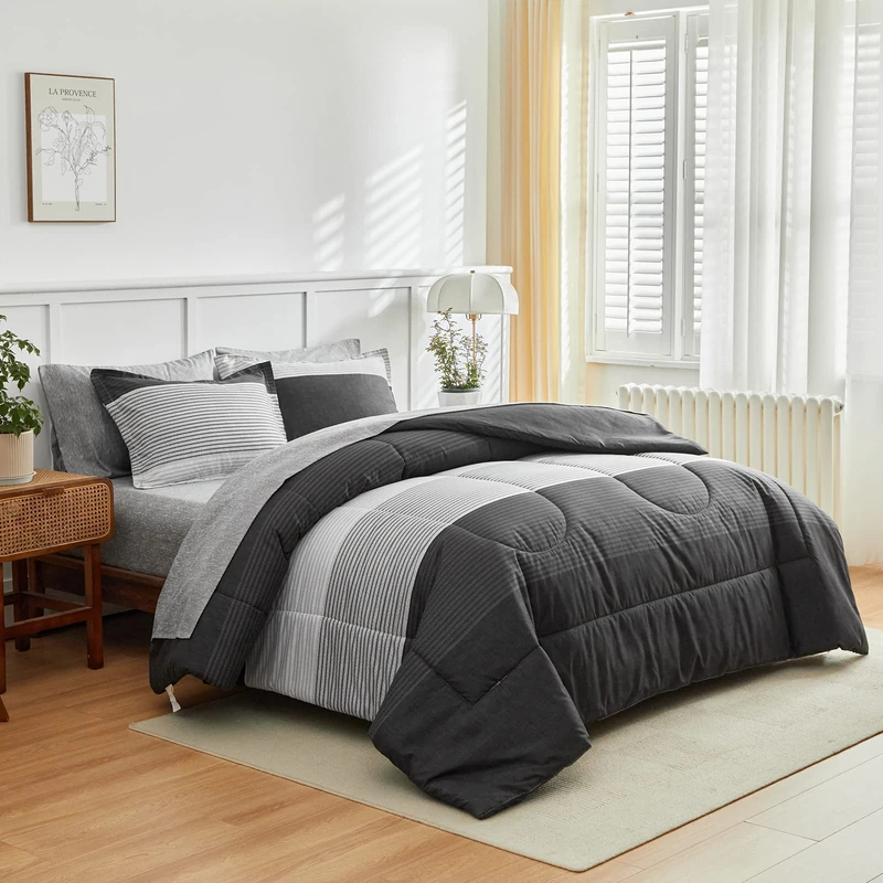 Flysheep Ombre Striped Bedding Bed in a Bag 7 Pieces King Size, Grey and White Stripes Comforter Sheet Set (1 Comforter, 1 Flat Sheet, 1 Fitted Sheet, 2 Pillow Shams, 2 Pillowcases)