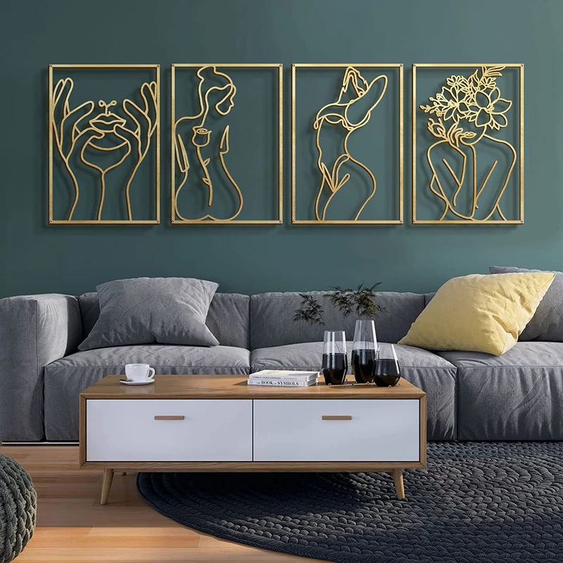 Glamativity Large 4 Pack Gold Wall Art Décor, Minimalist Décor Single Line Art Wall Décor, Real Metal Wall Art, for Kitchen Bedroom Living Room (Gold Classic Style, L size 22.5x15.7'')