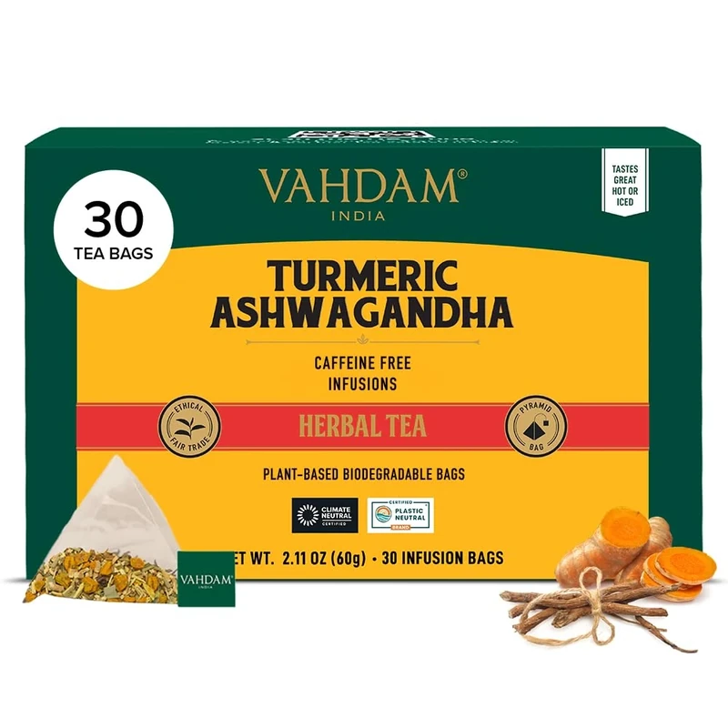 VAHDAM, Turmeric Ashwagandha Herbal Tea Bags (30 Count) Caffeine Free, Non GMO, Gluten Free | 100% Pure Herbal Blend - Sweet & Earthy | Individually Wrapped Pyramid Tea Bags | Direct from Source