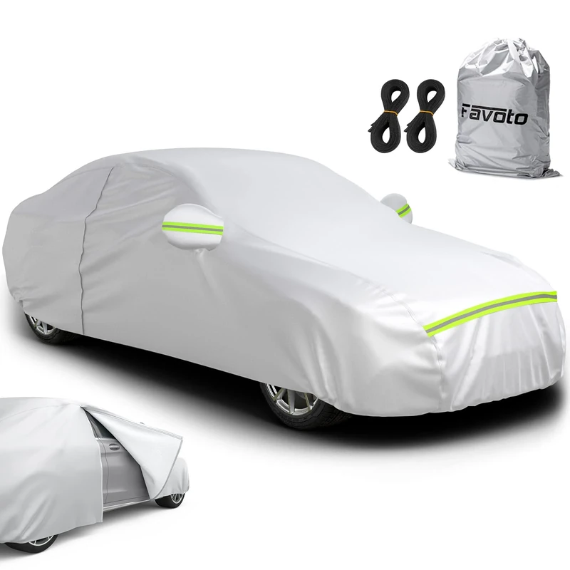 Favoto Sedan Car Cover, Out Door Full Car Covers Waterproof Large with Right Side Zipper Sun Protection Windproof Exterior Covers Universal Fit (169 to 185 inches) Silver Car Cover