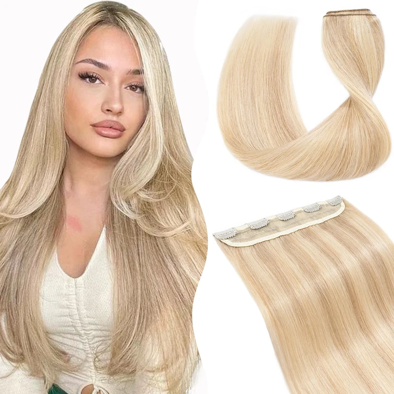 TESS Clip In Hair Extension,Hair Extensions Real Human Hair One Peice 5 Clips Straight Natural Hairpieces for Womens/Girls(#18/613 Ash Blonde & Bleach Blonde,22Inch)