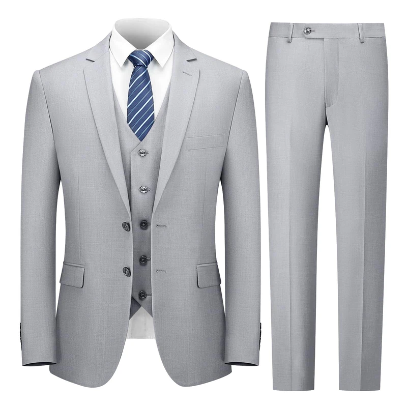 Cooper & Nelson 3 Piece Mens Suit Set, 2 Button Slim Fit Suit for Men, Solid Jacket, Vest, Pants and Tie, Light Grey, L