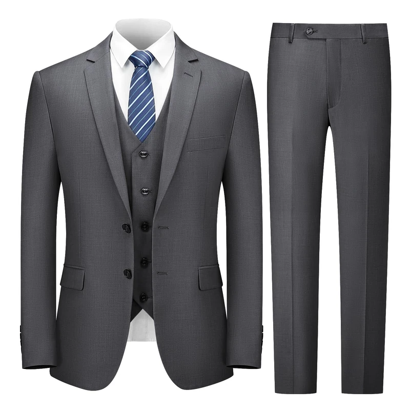 Cooper & Nelson 3 Piece Mens Suit Set, 2 Button Slim Fit Suit for Men, Solid Jacket, Vest, Pants and Tie, Dark Grey, M