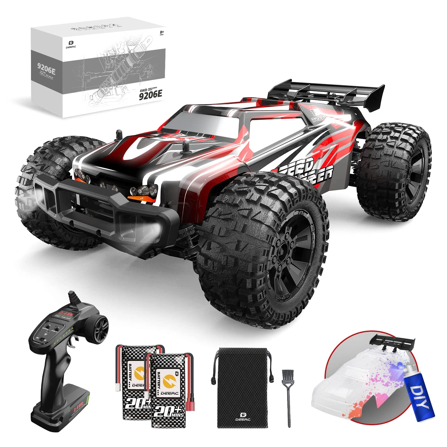 DEERC 9206E 1:10 RC Car, Fast 4WD Off-Road Remote Control Truck with Extra Shell & 2 Batteries, 40+ Min Play, Hobby Toy Gift for Adults and Kids