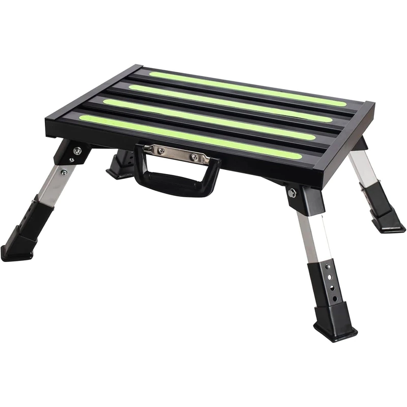 GarfatolRv Aluminum RV Steps, 4-Level Adjustable Folding Step Stool with Non-Slip Rubber Feet, Non-Slip Fluorescent Strip Platform Rv Accessories, Supports Up to 1000 lbs - Black