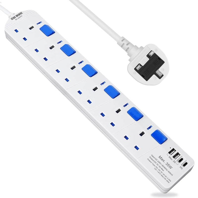 SE UKASE Extension Lead withUSB-C PD port,Fast Charging, 6 Way Plug Sockets with Individual Switches USB and Type C, Wall Mount Design with 2M Extension Cable 2990W/13A SU 836PD