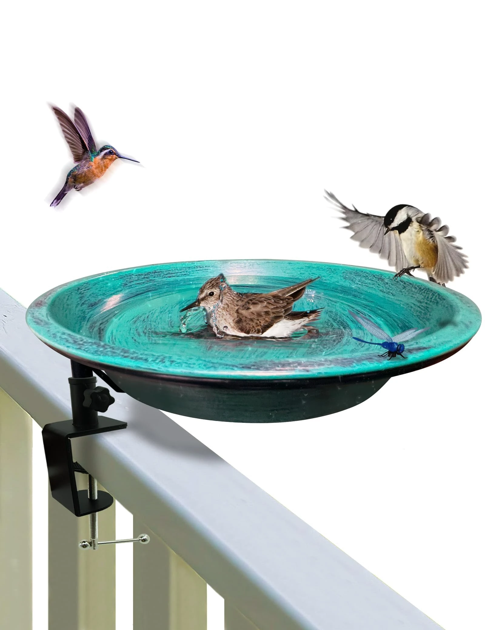 Deck Mounted Bird Bath for Outside, Detachable Birdbath Bowl with Sturdy Clamp, Easy Setup Outdoor Bird Feeder for Garden Patio Lawn Yard Decoration