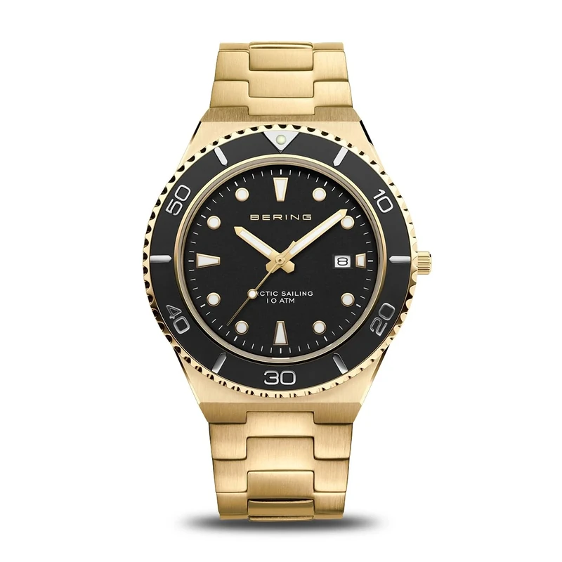 BERING Herren Quarz Uhr | Armbanduhr 43 mm goldenes Edelstahlgehäuse und schwarzes Zifferblatt | Edelstahlband mit Edelstahlelementen | 10 ATM | 18940-732