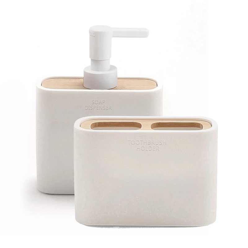 GEDY Melbourne Set of 2, 1 Soap Dispenser and 1 Toothbrush Holder, Resin and Bamboo Series with White Surfaces