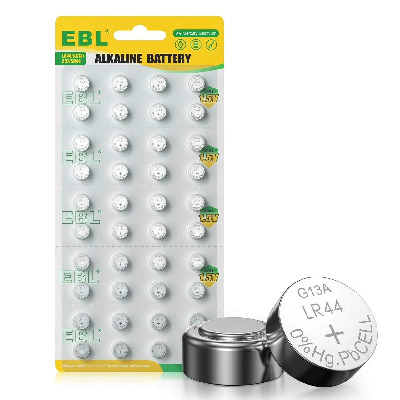 EBL AG13 LR44 Button Cell 40 Pieces - 1.5 V Alkaline Batteries, V13GA 357 357A L1154 A76 GPA76 Button Batteries