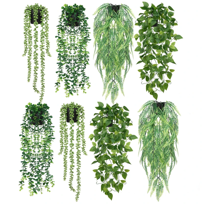Jexine 8 Pcs Artificial Hanging Plants with Pot Fake Potted Plants Greenery Plastic Faux Eucalyptus Vine Wall Decor for Home Room Office Indoor Outdoor Shelf Patio Garden Decor