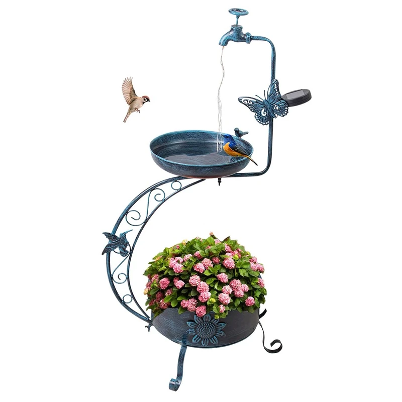VEWOGARDEN Blue Bird Baths for Outdoors Metal Garden Bird Bath with Solar Lamp Vintage S Birdbaths with Flower Planter Pedestal Standing Bird Feeder(36" H * 19.6" W)