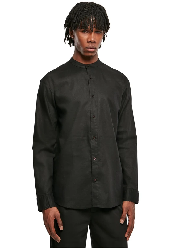 Urban Classics Men's Cotton Linen Stand Up Collar Shirt, Black, XXL