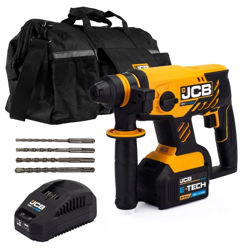 JCB 18v Brushless SDS Rotary Hammer Drill, 5.0Ah Battery, Fast Charger, Multi-positional Side Handle, 4-Functions, Rotary Stop Mode, 1400rpm, 20"" Kit Bag & 3 Year Warranty