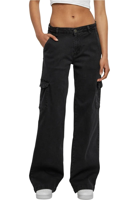 Urban Classics Women's Ladies High Waist Straight Denim Cargo Pants, Black Washed, 10