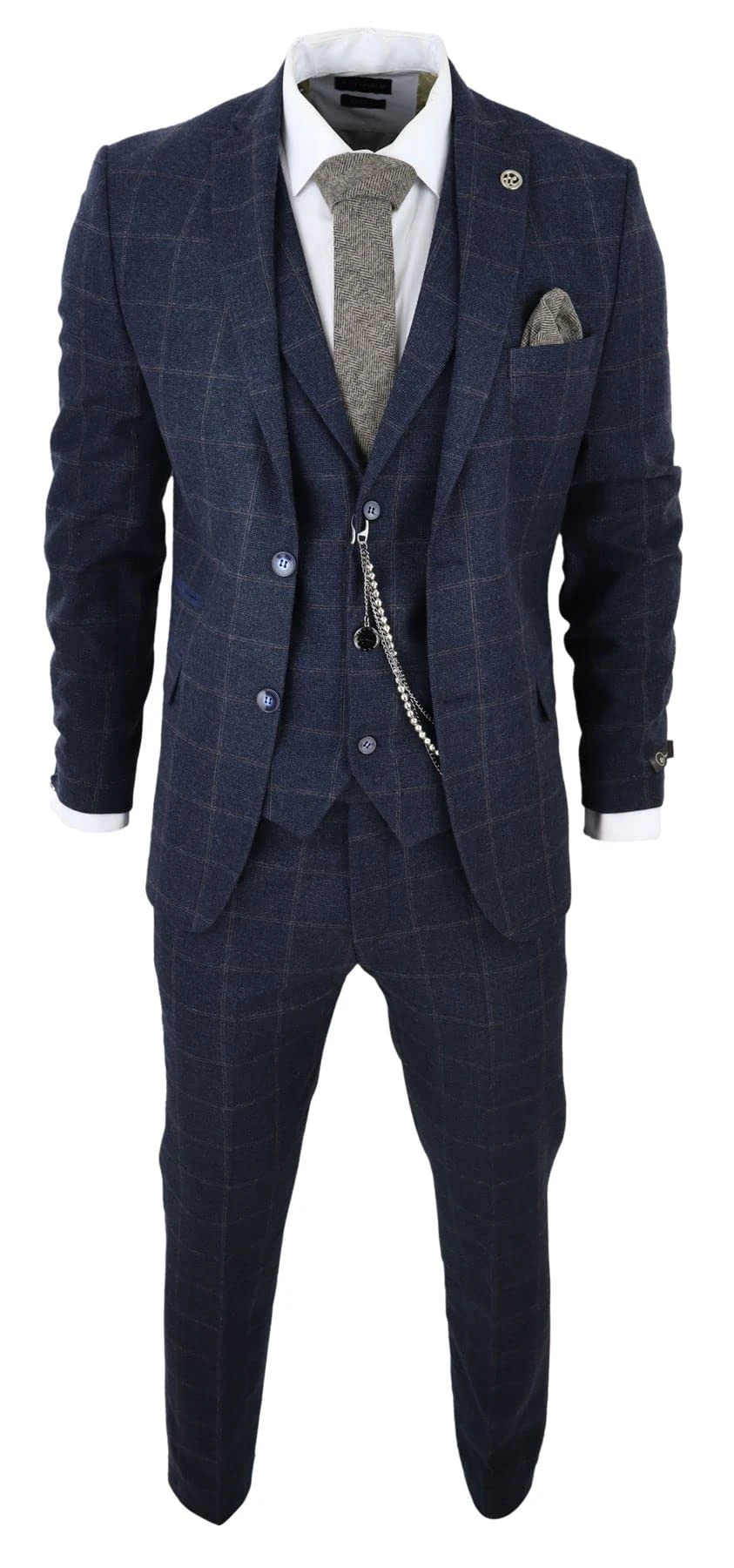 Men's 3 Piece Suit Wool Tweed Navy Blue Brown Check 1920s Gatsby Formal Dress Suits - Navy 36