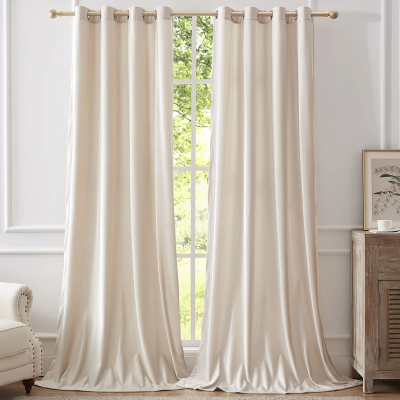 BULBUL Velvet Curtains 228cm Length Blackout Curtains Thermal Insulated Eyelet Curtains for Living Room or Bedroom Set of 2 Tiles, Cream White
