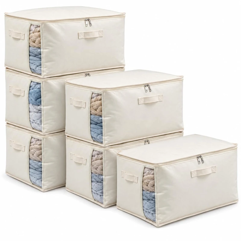 6-Pack Large Canvas Comforter Storage Bags Closet Organizer for Clothes Sweater Clothes Organizer with Dual Zipper Three Carrying Handles for Blanket Closet Storage Container