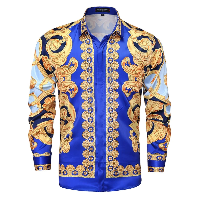 GSBOGOSSE Men Floral/Golden Lion/Paisley/Fashion Luxury Printed Dress Shirts Long Sleeve Button-Down Retro Gorgeous Design Shirts, Multicolored38, Medium - Image 1