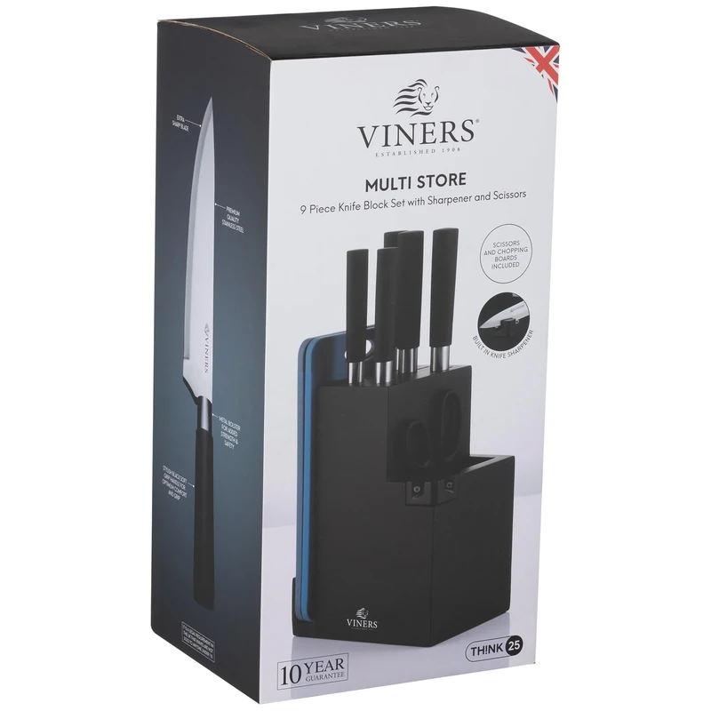 Viners Multi Store 9 Piece Knife Block Set with Sharpener and Scissors Black Kitchen Knives for Chopping, Slicing, Dicing Cutting