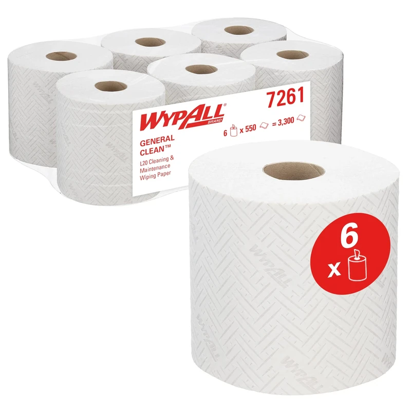 WypAll L20 General Clean 7261 Centrefeed Paper Wipers, 2-Ply White Embossed Rolls – Single Sheet Dispensing, 6 Rolls x 550 Sheets (3,300 Total)