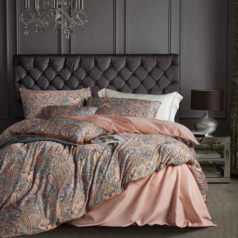 OranFran Gold Duvet Cover Set,5 PCS Medallion Paisley Print Comforter Cover Set,Bohemian Pattern Bedding Set,Vintage Style Flower Duvet Cover,Soft Reversible Design(Paisley,Queen)