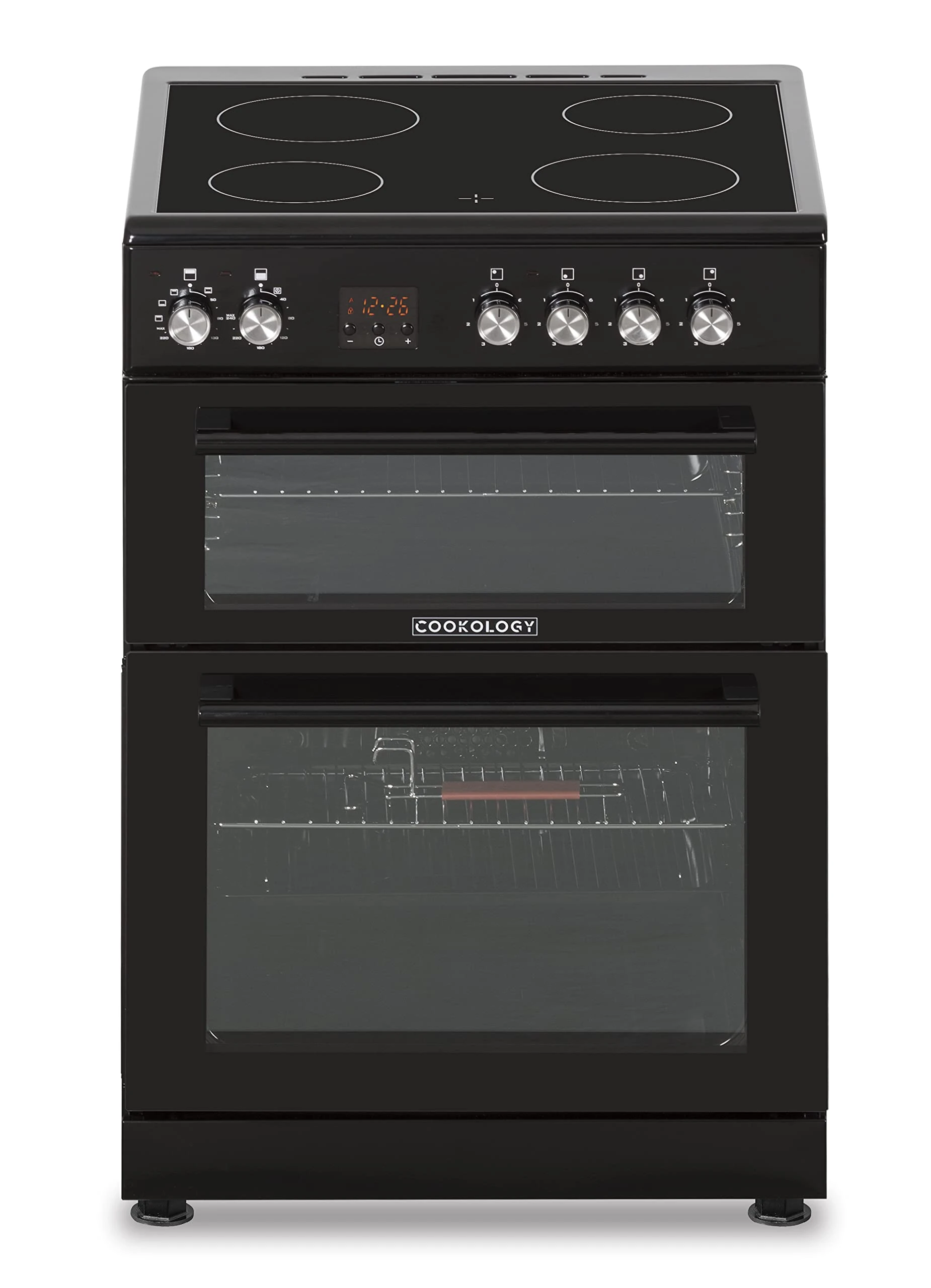 Cookology CFDO600BK 60cm Wide, 86 Litre Capacity Freestanding Electric Double Cooker Fan Oven with Ceramic Top 4 Cooking Zone Hob and – in Black