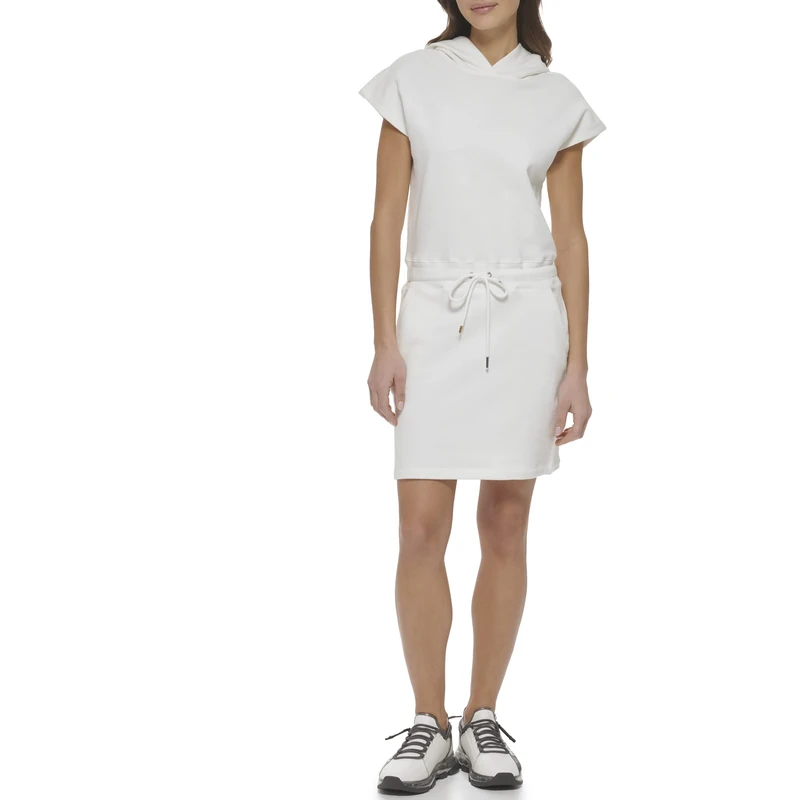 DKNY Women's Emproided Logo Cliched Waist Hooded Sneaker Dress Casual, White, S