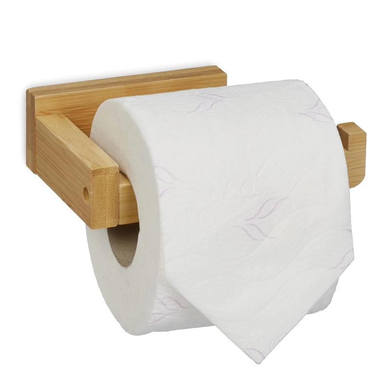 Relaxdays Toilet Paper Holder Bamboo, Bathroom Roll, Stick-on to The Wall, Modern Design, HxWxD: 4 x 14 x 9 cm, Natural