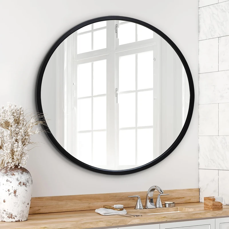 Americanflat 81 cm Black Framed Round Mirror for Wall - Circle Mirror for Bedroom, Entryway, and Living Room Wall Decor - Black Mirror with Hanging Hardware Included
