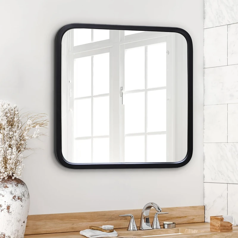 Americanflat 60 cm Square Black Frame Mirror with Rounded Corners - Wall Mirror for Bedroom, Bathroom, and Living Room - Large Mirror for Wall with Hanging Hardware