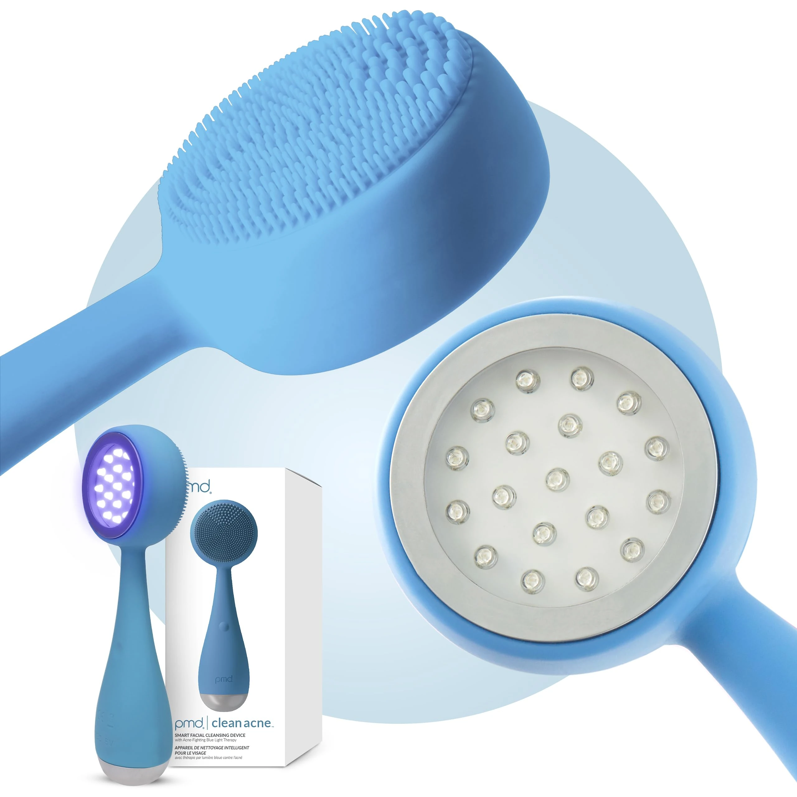 PMD Clean Acne - Smart Facial Cleansing Device with Silicone Brush & Acne-Fighting Blue Light Therapy Treatment - Waterproof - SonicGlow Vibration Technology - Clear Pores, Blackheads, and Acne