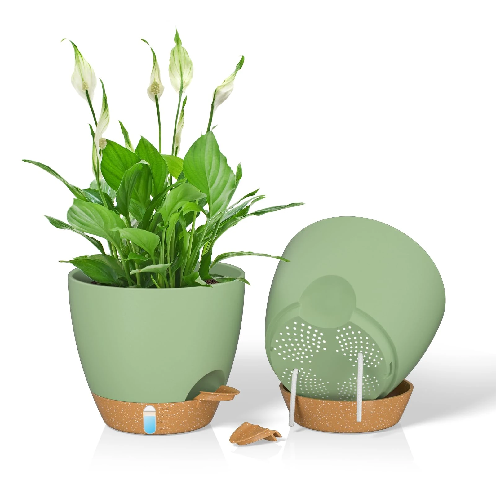 ZMTECH 20 cm Plant Pots with Drainage Holes Saucer Self Watering Planters with Watering Inlet Plastic Flower Pot for Indoor Outdoor Plants (Set of 2, Green)