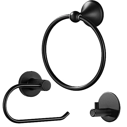 Toilet Roll Holder and Towel Rails Set, 3 Pieces Stainless Steel Wall Mounted Black Bathroom Hardware Accessory, Include Toilet Paper Holder & Towel Ring & Self Adhesive Coat Hooks, Easy to Install