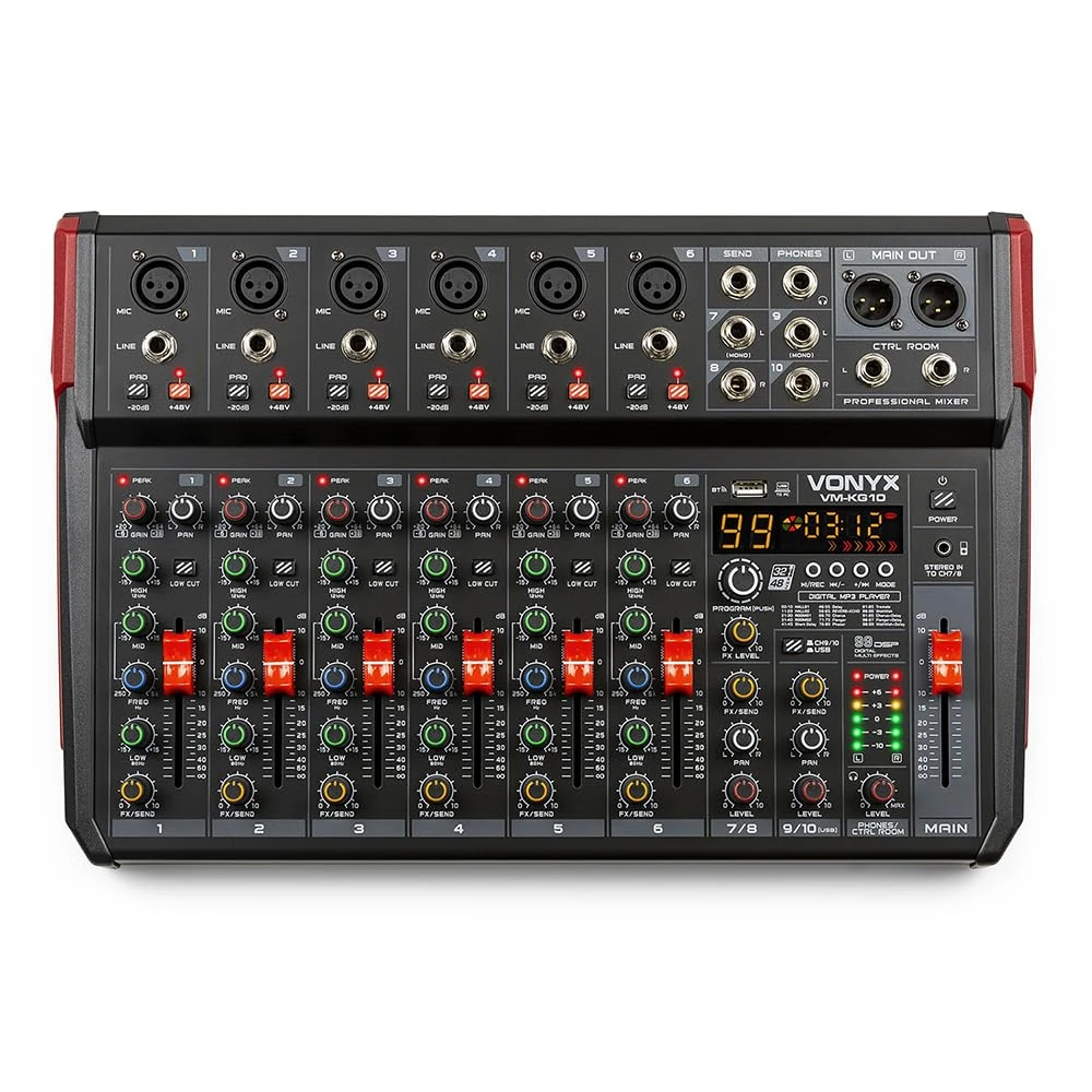 Vonyx VM-KG10 10-Channel PA Mixer Desk with USB Audio Interface, Bluetooth Streaming, Built-in DSP Effects, Phantom Power & EQ for Live and Studio Mixing