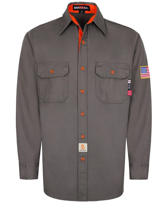 BOCOMAL FR Shirts for Men Flame Resistant Light Weight NFPA2112 Fire Retardant Welding Shirt Water & Oil Repellent Finish, Buttons-ash Gray, Medium