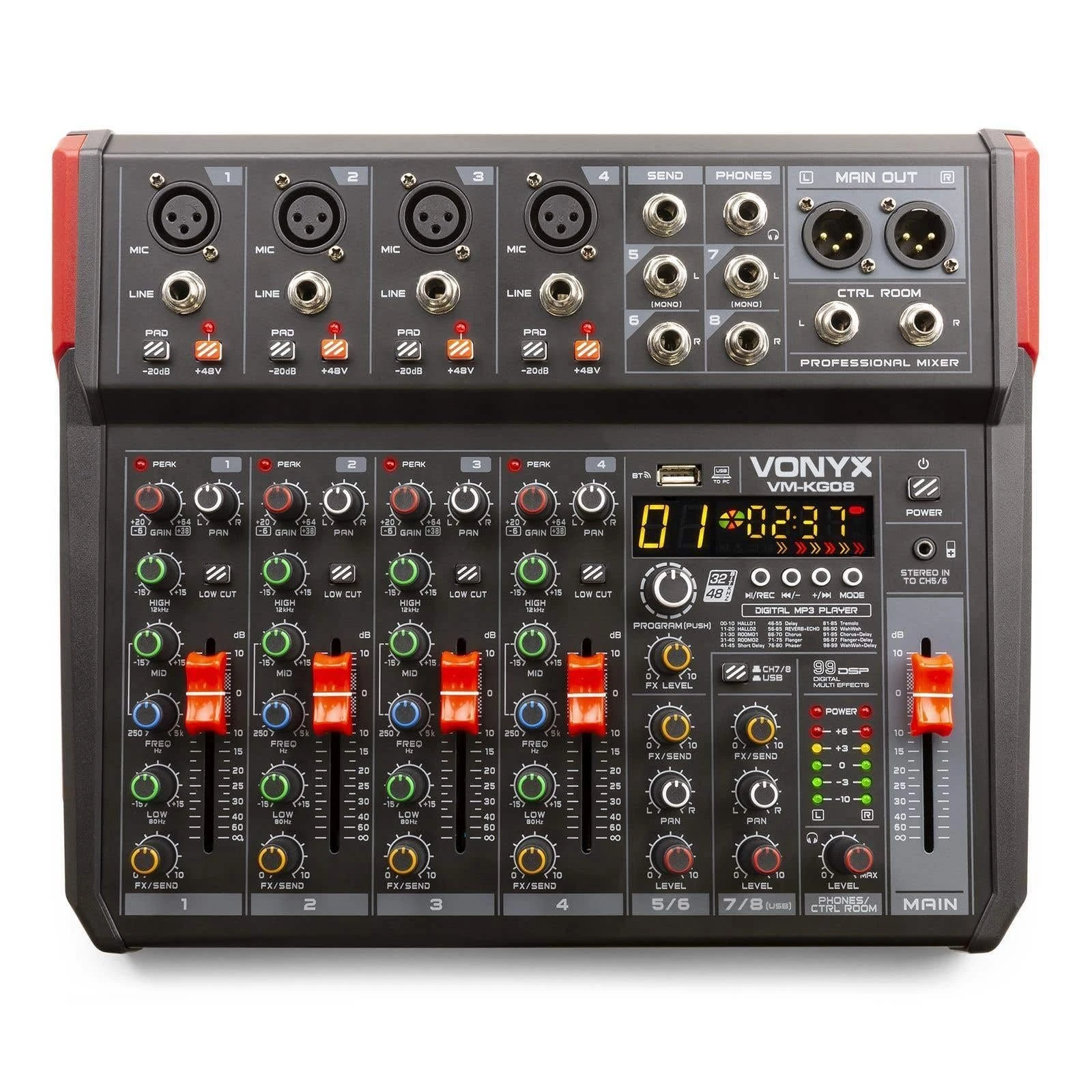VONYX VM-KG08 8-Channel PA Mixer and Audio Interface with USB, Bluetooth, DSP Effects and Phantom Power (+48V) for Live Sound & Studio Recording
