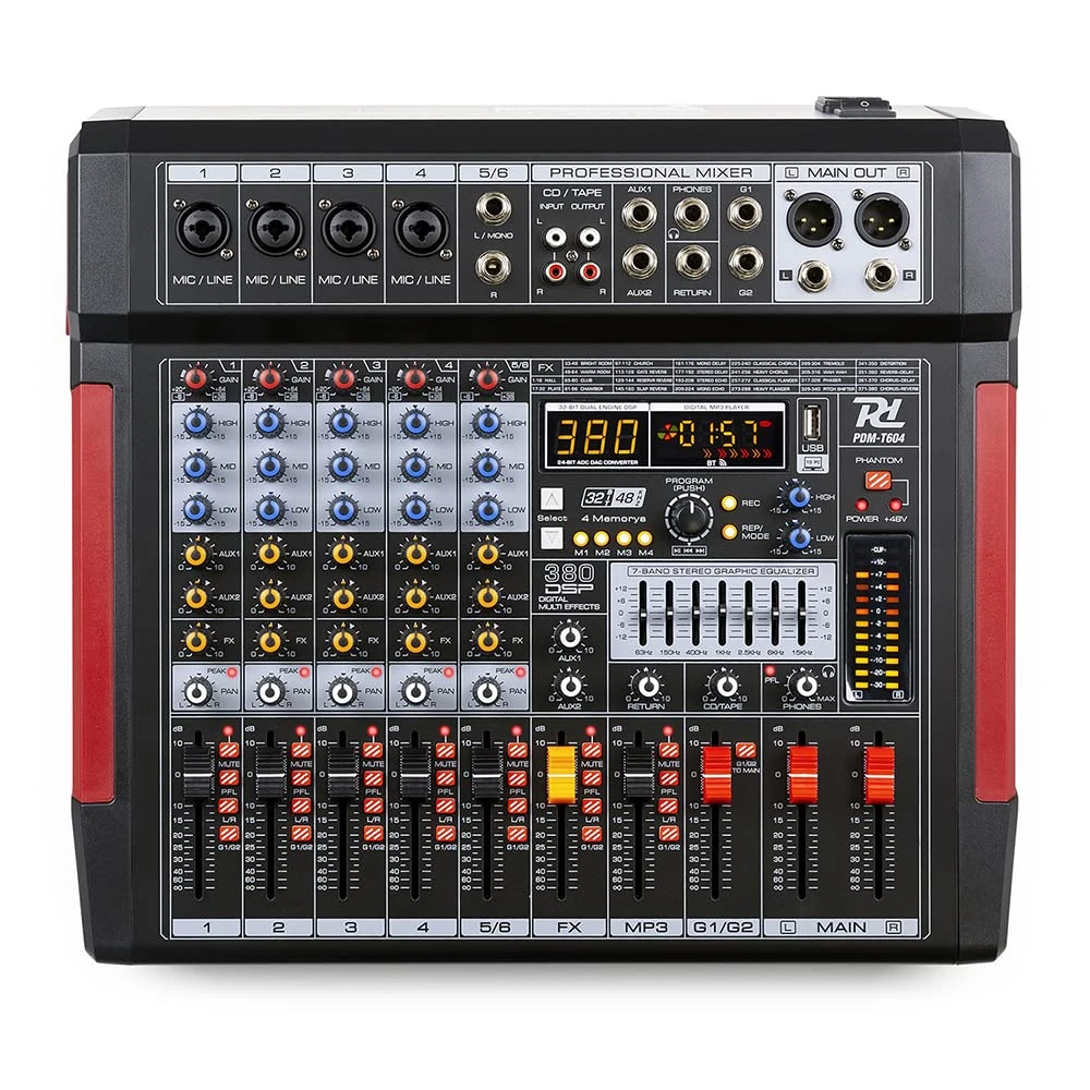Power Dynamics PDM-T604 6-Channel PA Mixer Desk with USB Audio Interface, Bluetooth, DSP Multi-Effects, 7-Band EQ for Live Sound and Studio Recording