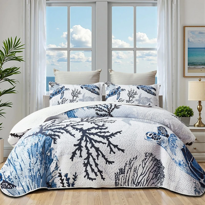 Nautical Beach Bedspreads Navy Blue Ocean Coastal Coverlet Sets Summer Comforter Set for All Season Quilt King Size with 2 Shams Turtle Coral Coastal Bedding