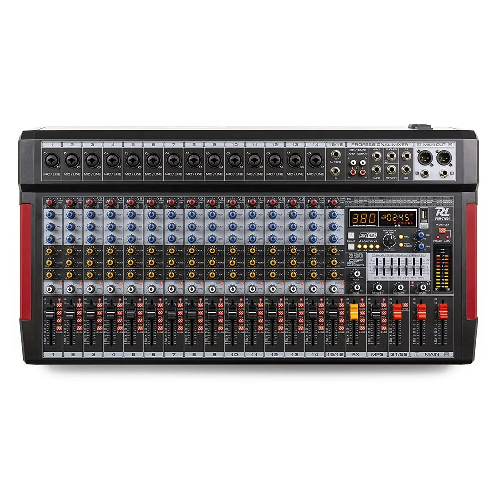 PD PDM-T1604 16-Channel Professional PA Mixer with Bluetooth, USB Interface, DSP Multi-Effects and Phantom Power for Live Sound, Studio Recording, Mixing Desk for Bands & Events
