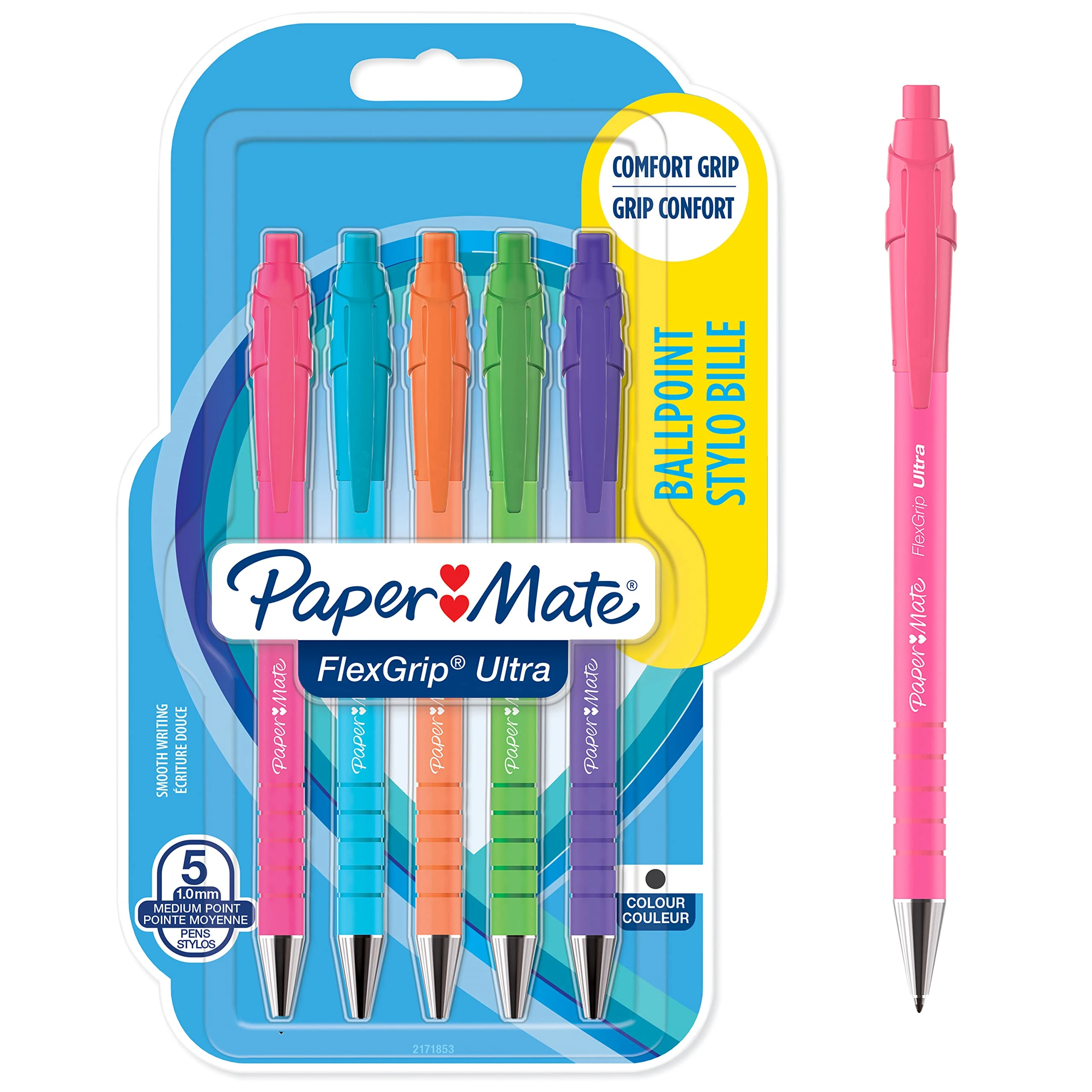 Paper Mate FlexGrip Ultra Bright Ballpoint Pens | Medium Point (1.0mm) | Black Ink | Bright Barrels | 5 Count
