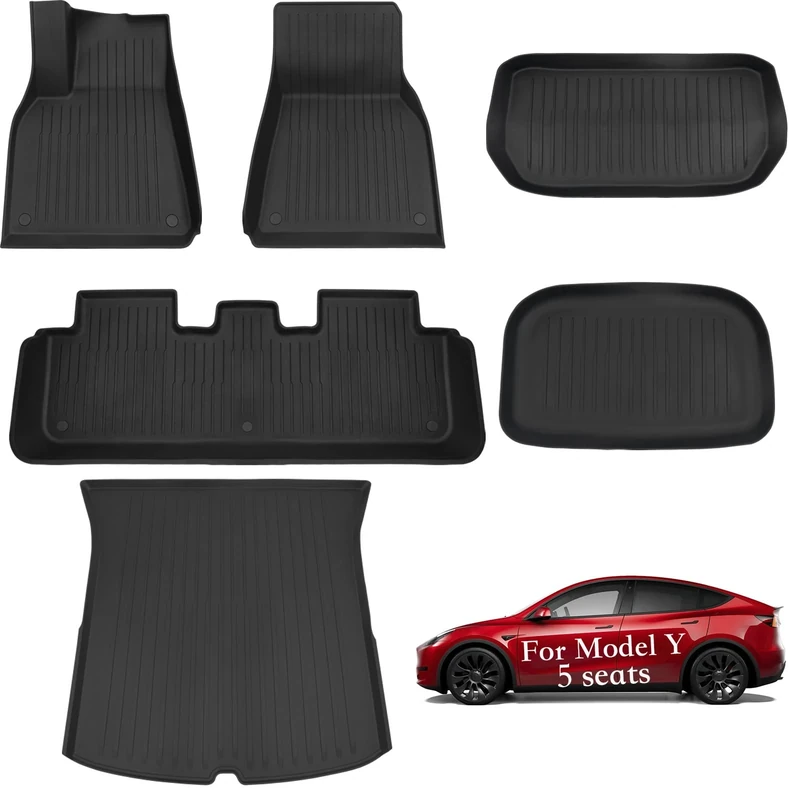 CYBERBEANS 6Pcs Floor Mats for Tesla Model Y 2024 2023 2022 Accessories, TPE All Weather Anti-Slip Waterproof 3D Front Rear Trunk Cargo Liner Tray Mats
