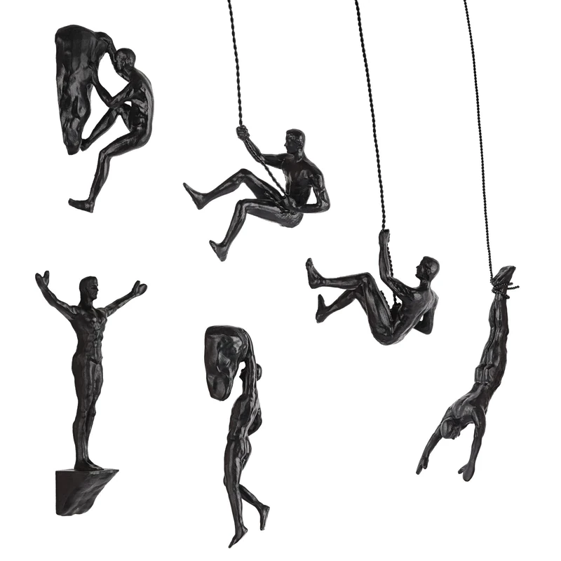 Olpchee Set of 6 Nordic Modern Simplicity Resin Sculpture Creative Climbing Man Wall Sculptures Hand-finished for Art Home Decor (6Pcs Black)