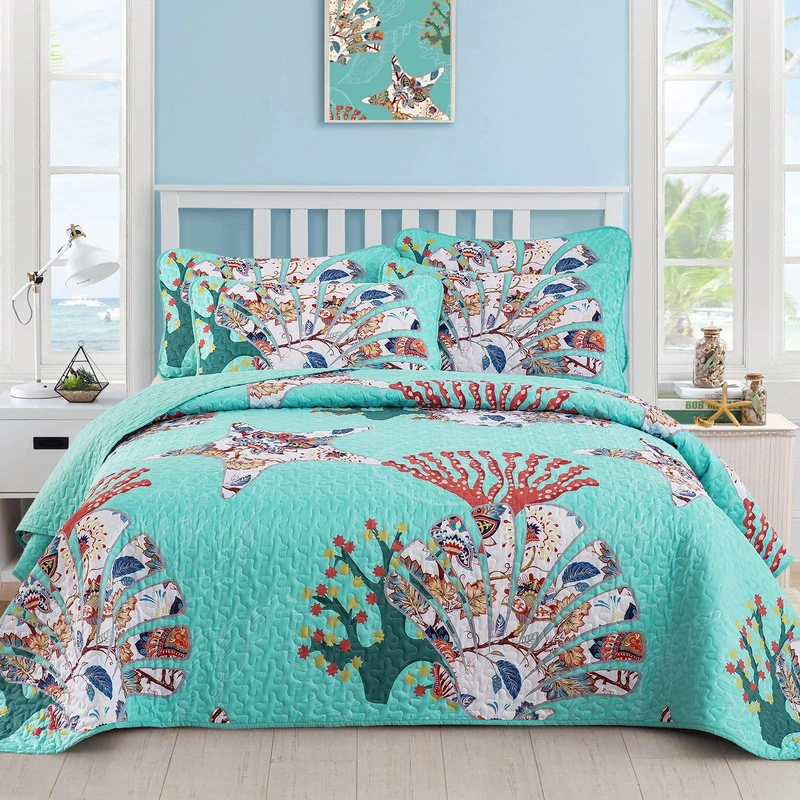 DJY 3 Pieces Quilt Set King Coastal Quilt Coverlet Set Starfish Aqua Reversible Bedspread with 2 Pillow Shams Lightweight Nautical Bedding Quilt Set for All Season 90"x 104"